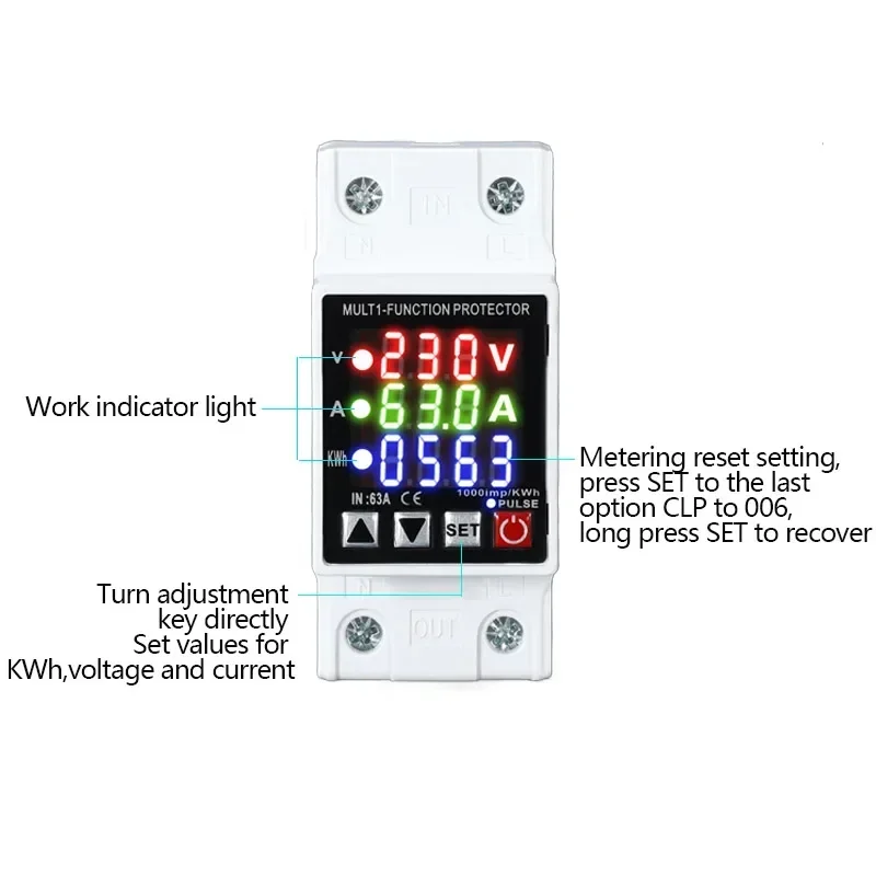 3IN1 Display Voltage Breaker 40A Adjustable Din Rail 230V 110V Over and Under Voltage Protector KWh Watt Metering Monitor Relay