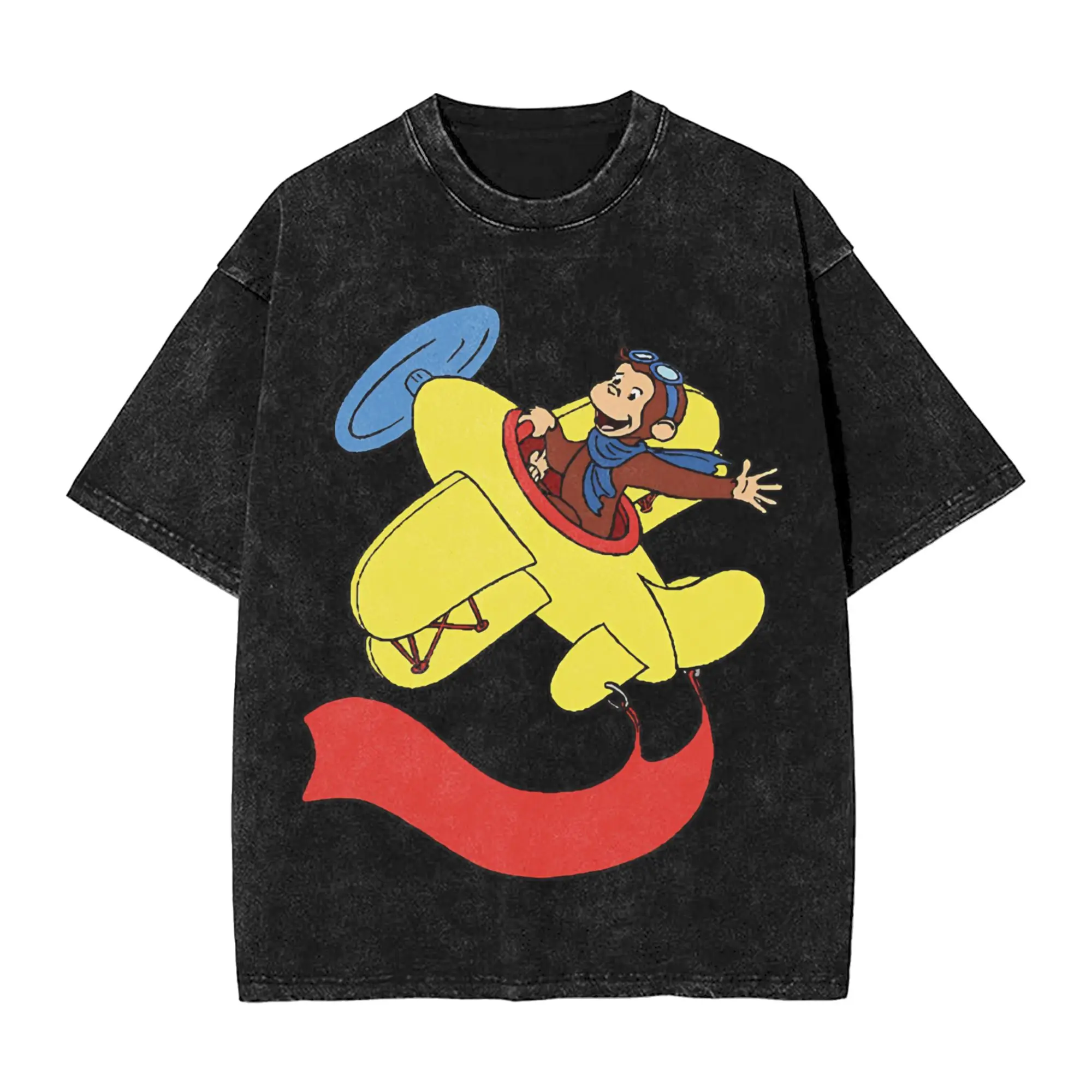 Curious george in an airplan  Apparel Washed T Shirts Men Women Streetwear Hip Hop T-Shirt Graphic Printed  Tees Tops