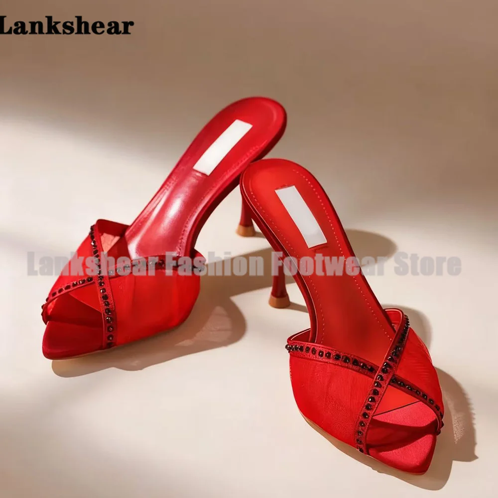

Rhinestone Lace Stiletto Heels Mules Slippers Women Shoes Summer Thin Heel Dress Pointed Toe Big Size Sandalias De Mujer Verano