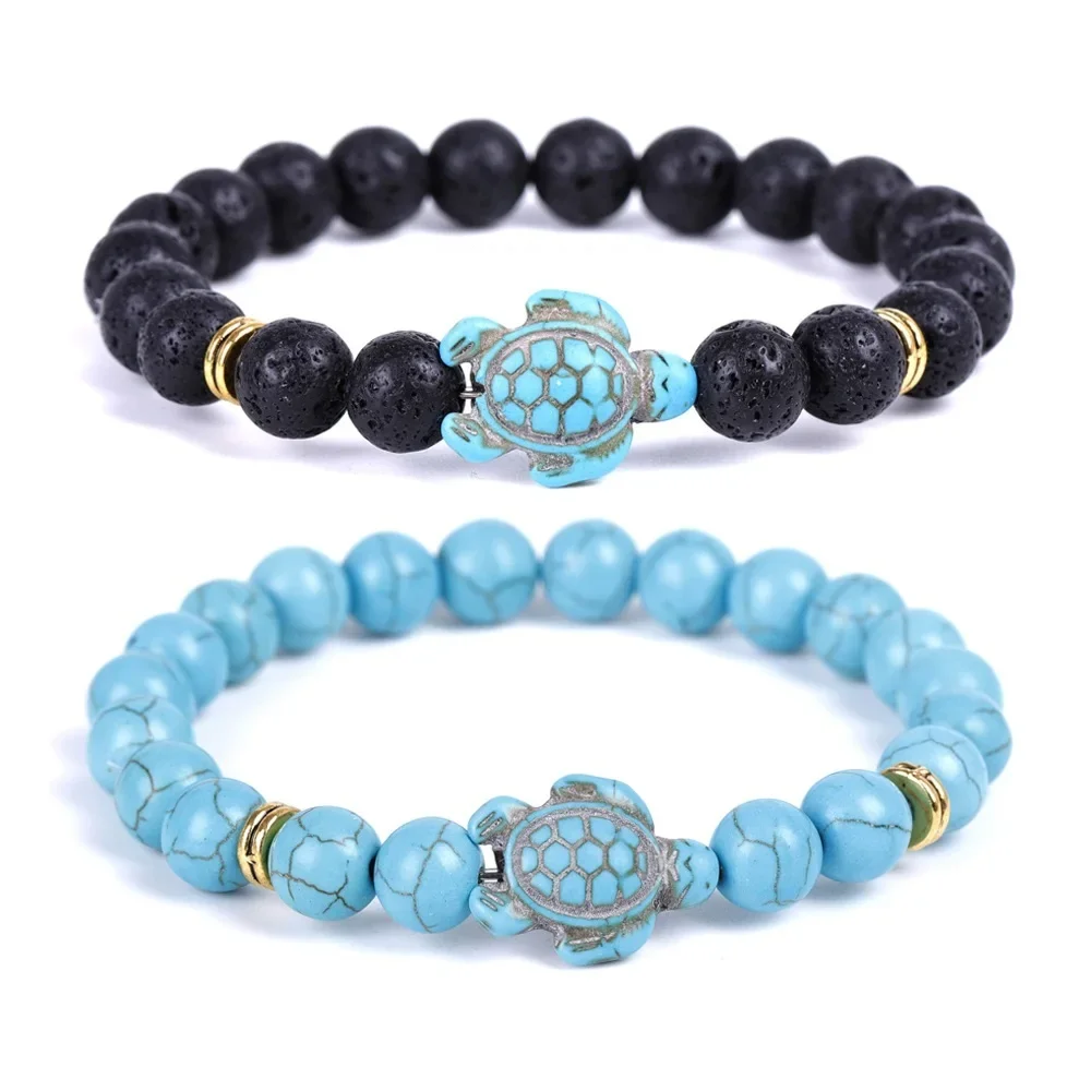 10pcs Men 8MM Black Lava Stone Kallaite Beads Turtle Charms Bracelet Buddha Couple Lover Friend Women Bracelet