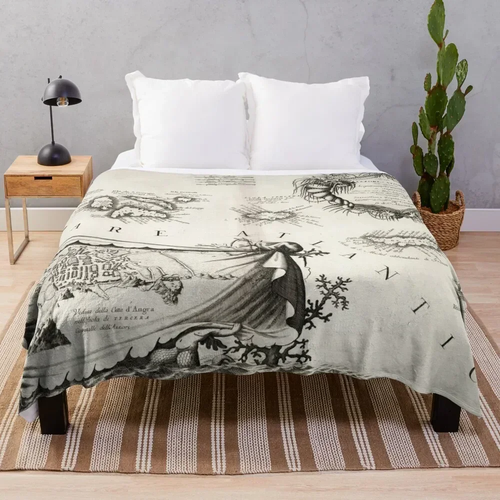 Old Azores Islands Map (1690) Vintage Portuguese Isles Atlas Throw Blanket Luxury Brand Flannel Bed Soft Beds Blankets