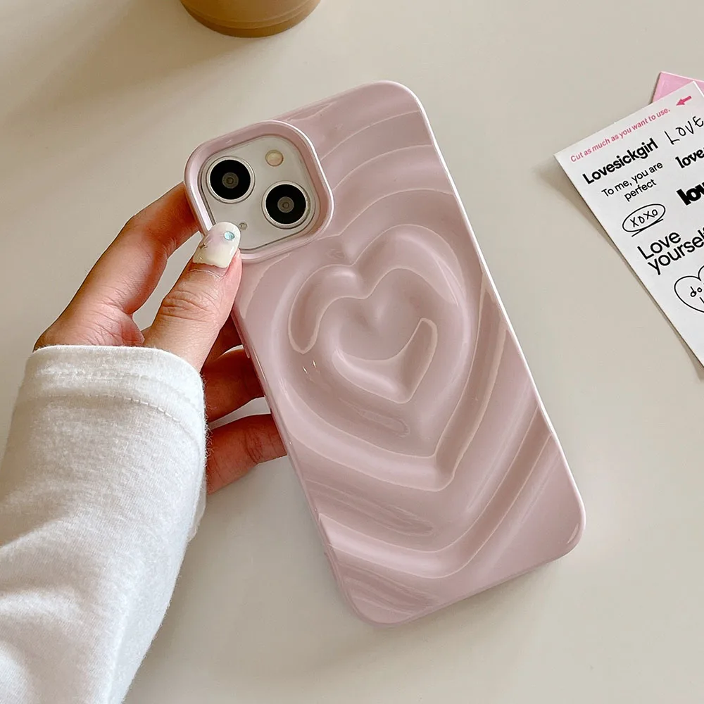 Korean Glossy Heart 3D Case For iPhone 12 13 14 Pro Max Fundas Wave Shape Creative Soft Back Cover Shell for iPhone 11 15 Coque