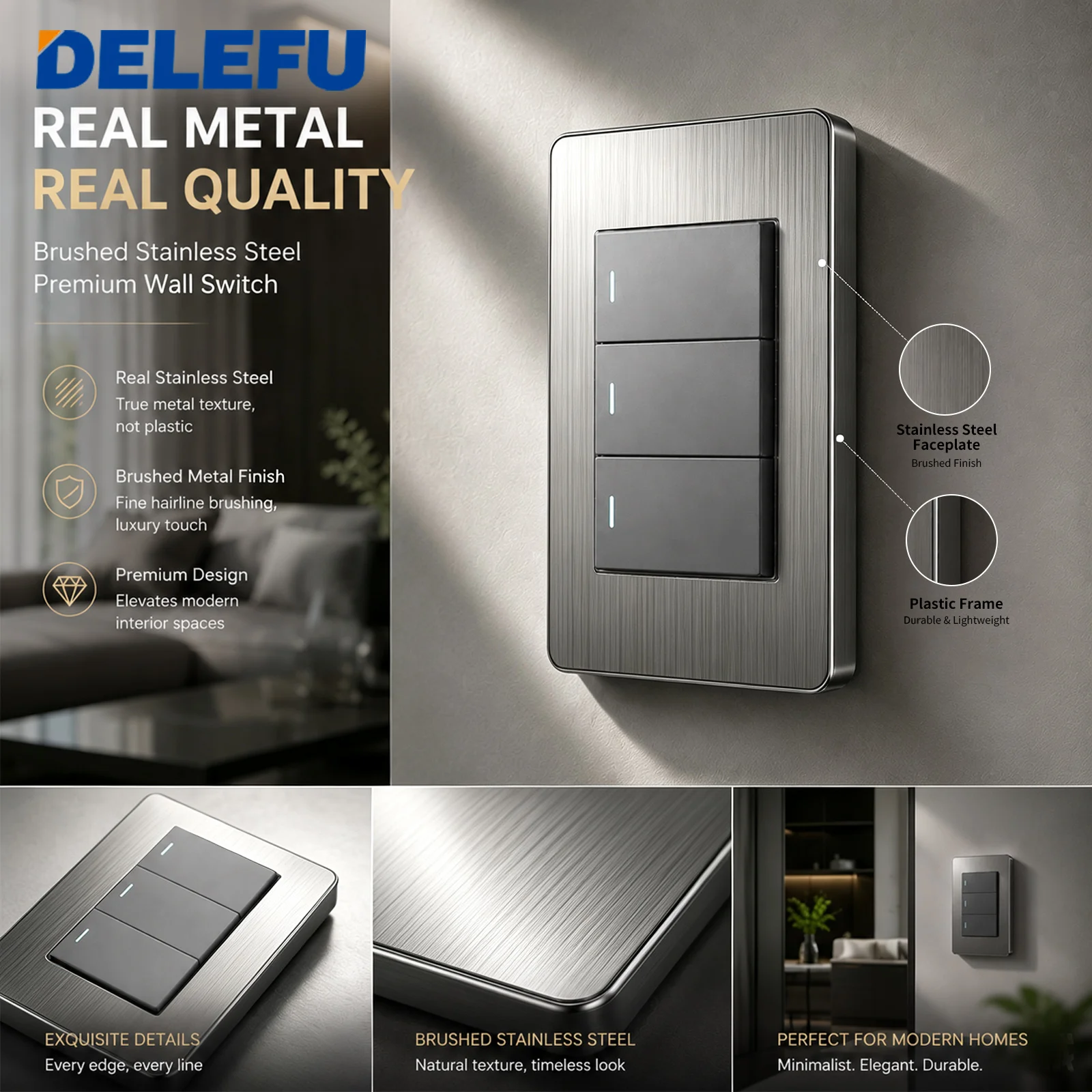 DELEFU Grey Stainless Steel Panel Brazil Standard Outlet Double USB Type C Wall Power Socket Light Switch Office 4*2 10A 20A