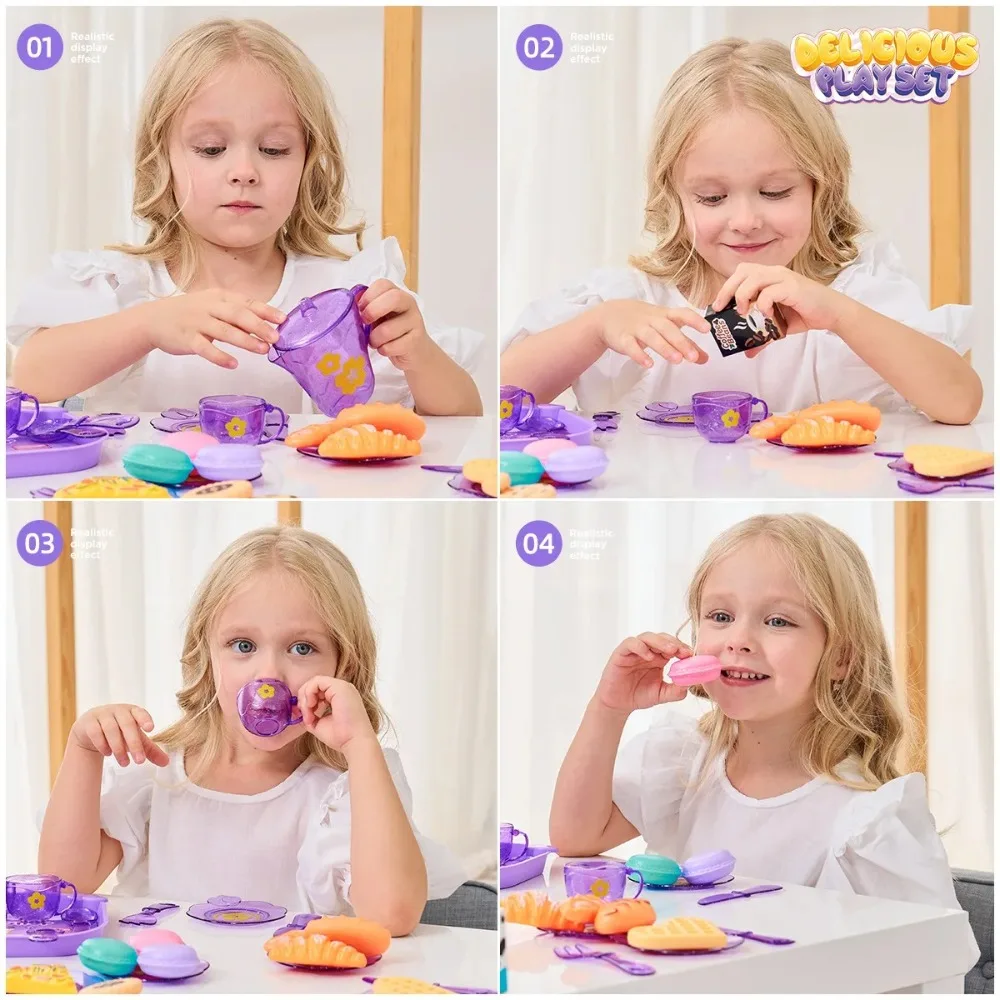 Tea Time Playset simulé cuisine Playset Table Snack avec mallette de rangement semblant cuisson Montessori semblant cuisson