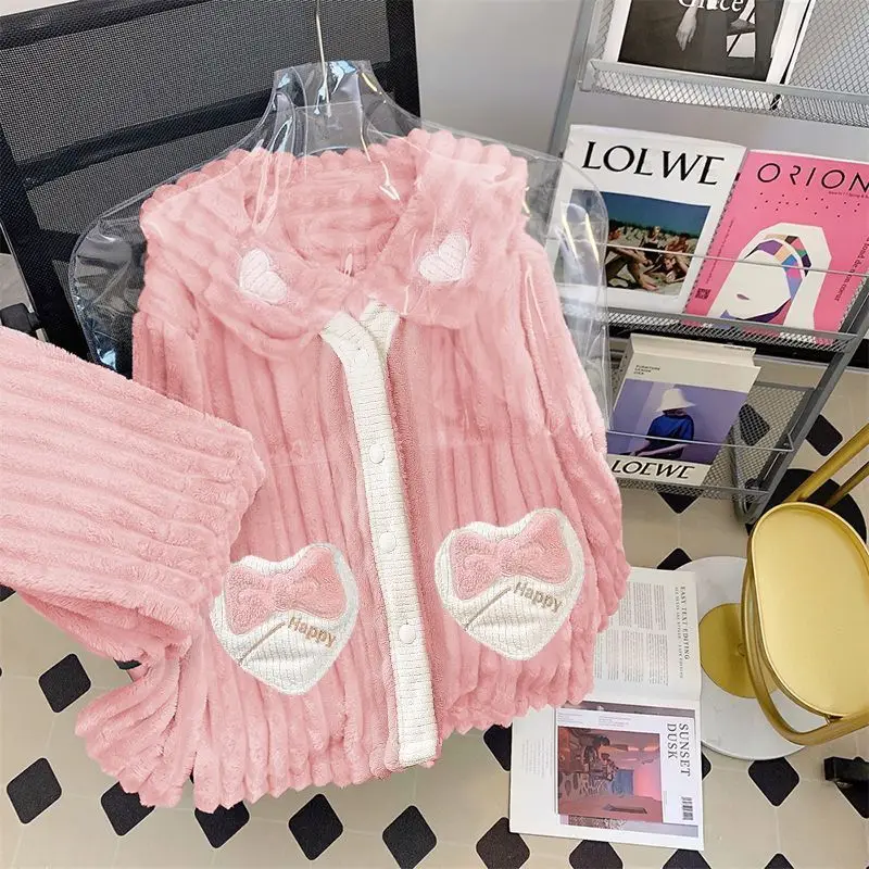 Flannel Pajama Women's Fall and Winter Coral Velvet and Velvet Thickening Warm Ins Sweet Bow Homewear Set Can Be Worn Outside