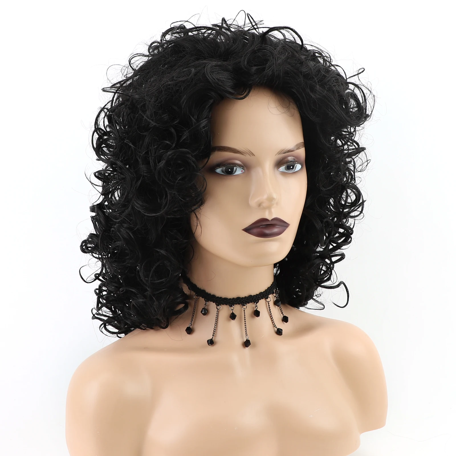 Short Afro Curly Wig For Women Synthetic Fluffy Shoulder Length Loose Wave Hair With Natural Looking Black 16''