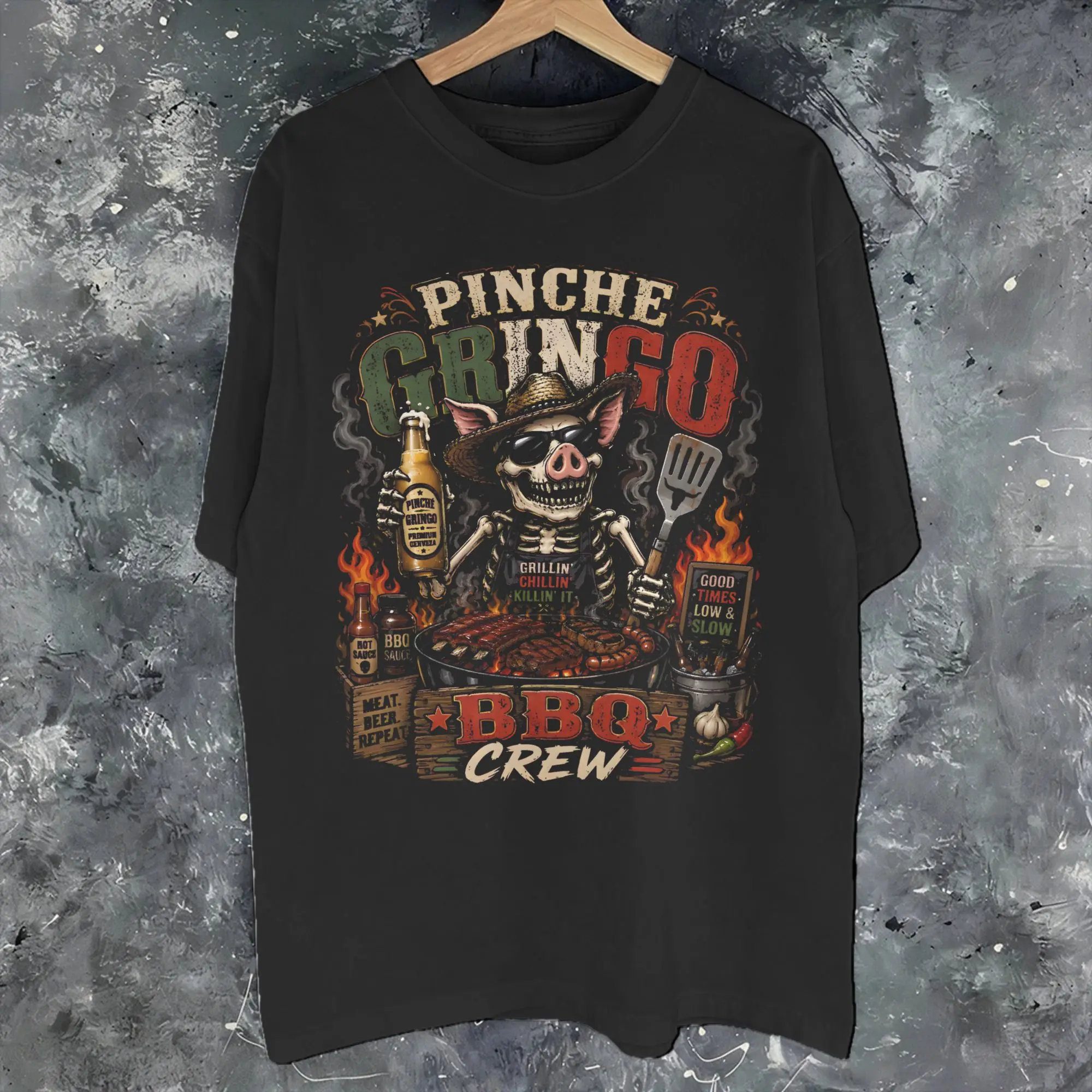 Men Women Graphic Printed Pinche Gringo BBQ Crew Skeleton Grilling Beer T Shirt Tee Pure Cotton  T-shirts Clothing