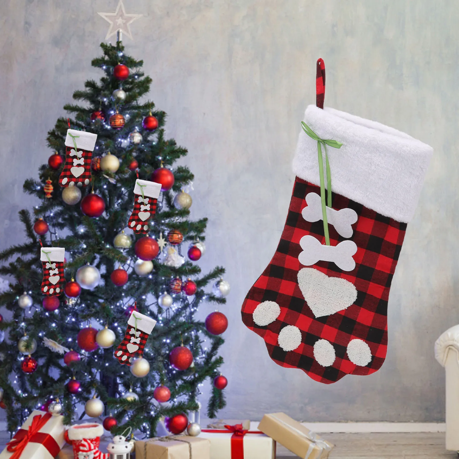 Christmas Stocking Dog Paw Shape Plaid Decorative Gift Bag Christmas Sock For Fireplace Bedside Stair 18.1in