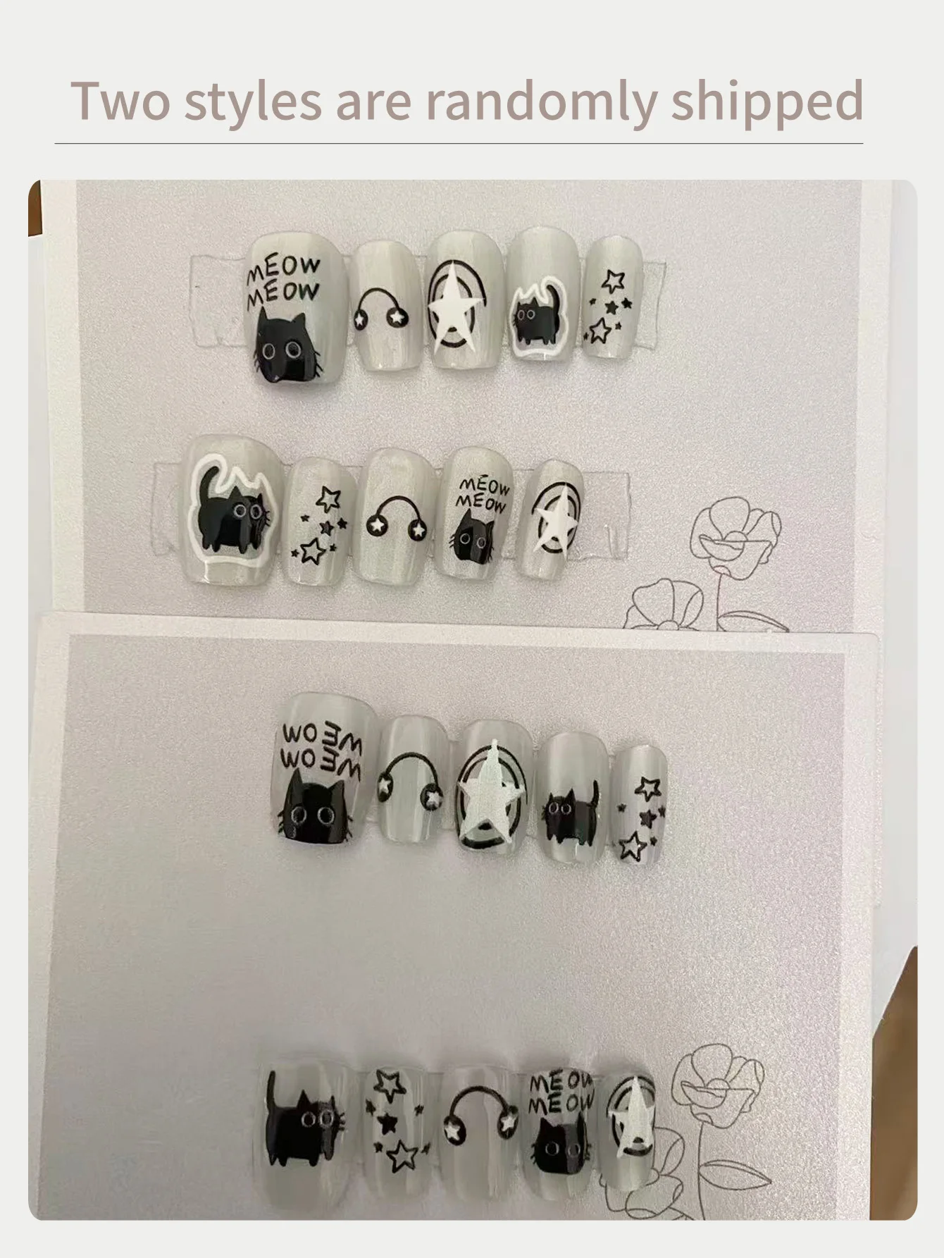 10 pièces presse sur ongles courts blanc oeil de chat dessin animé chat noir faux ongles comprend 1 feuille d'onglets adhésifs et 1 Pc Mini fichier