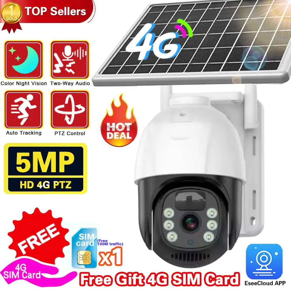 5MP PTZ Solar Power 4G Camera Outdoor IP66 Waterproof Built-in Battery Surveillance Cam PIR Auto-Tracking Free Gift 4G SIM Card