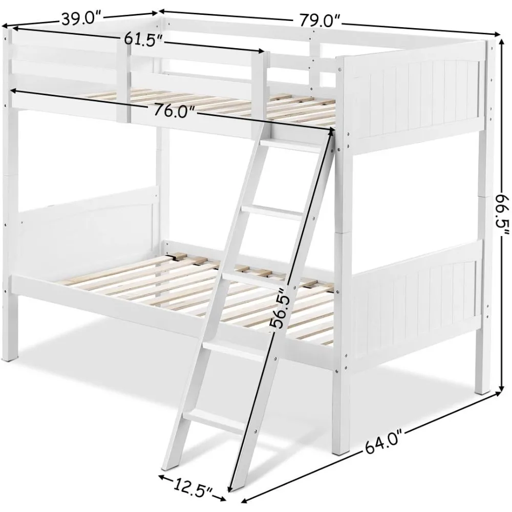 Twin Over Twin Bunk Beds Convertible 2 Individual Twin Beds for Kids Children, Solid Rubberwood Bunk with Ladder and Safety Rail