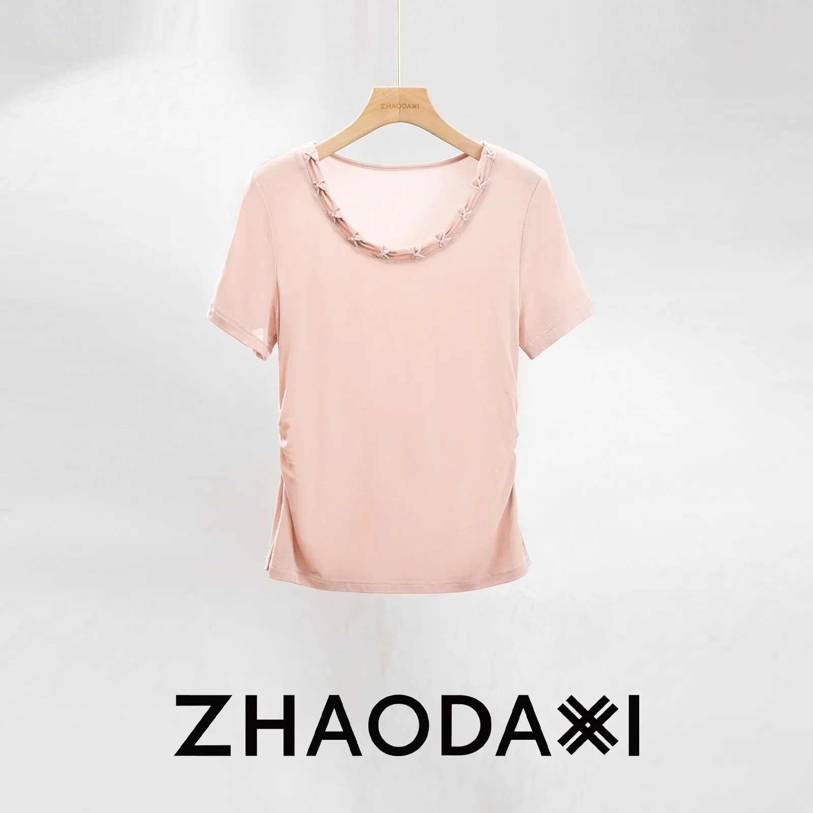 

Handmade Beaded U-Ne Slimming T-irt Acetate Fiber Dstring Waist Cool Feeling Women's Casual Summer Top Straight Cut