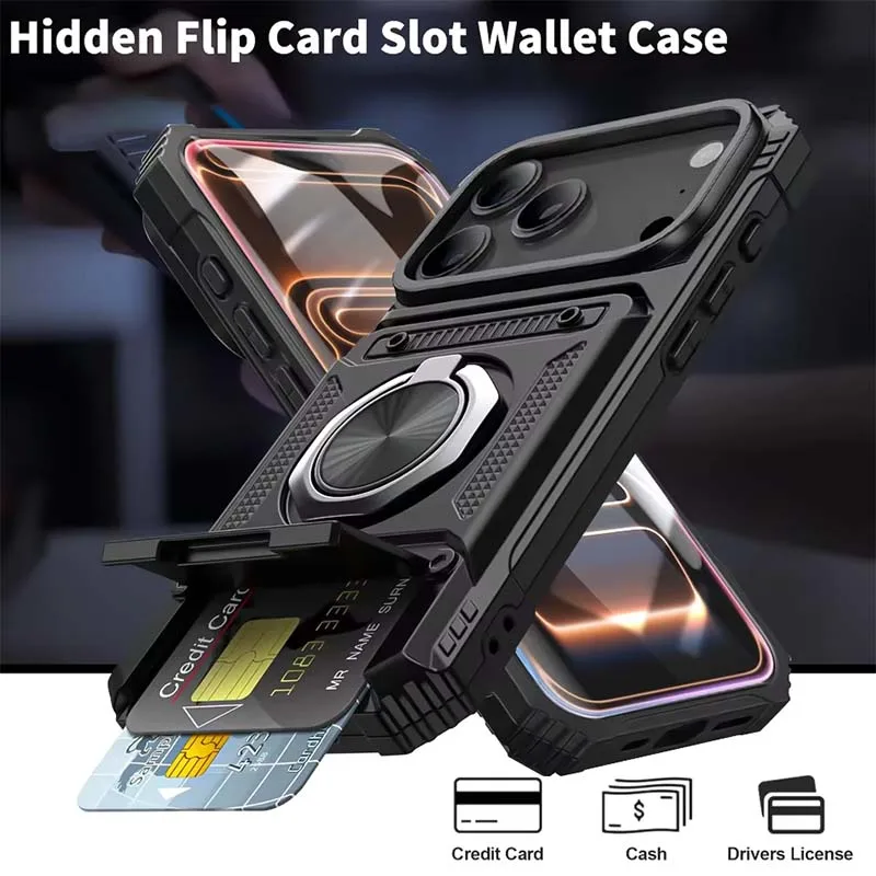 360 ° Rotating Ring Holder Hard PC+Soft TPU 2-In-1 With Hidden Card Slot Phone Case For IPhone 18 Pro Max 11 13 14 15 16 17 Pro