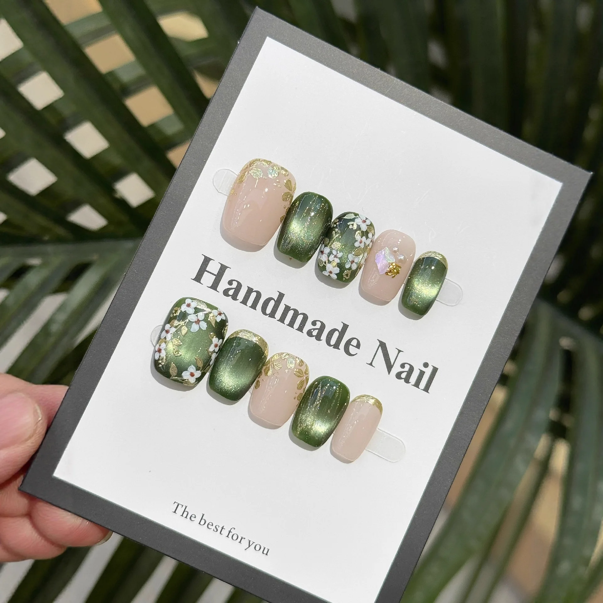 

10 шт., ручная роспись, цветы, вспышка, кошачий глаз, темперамент, розовато-зеленый, чисто, накладные ногти ручной работы, носимые съемные типсы для ногтей