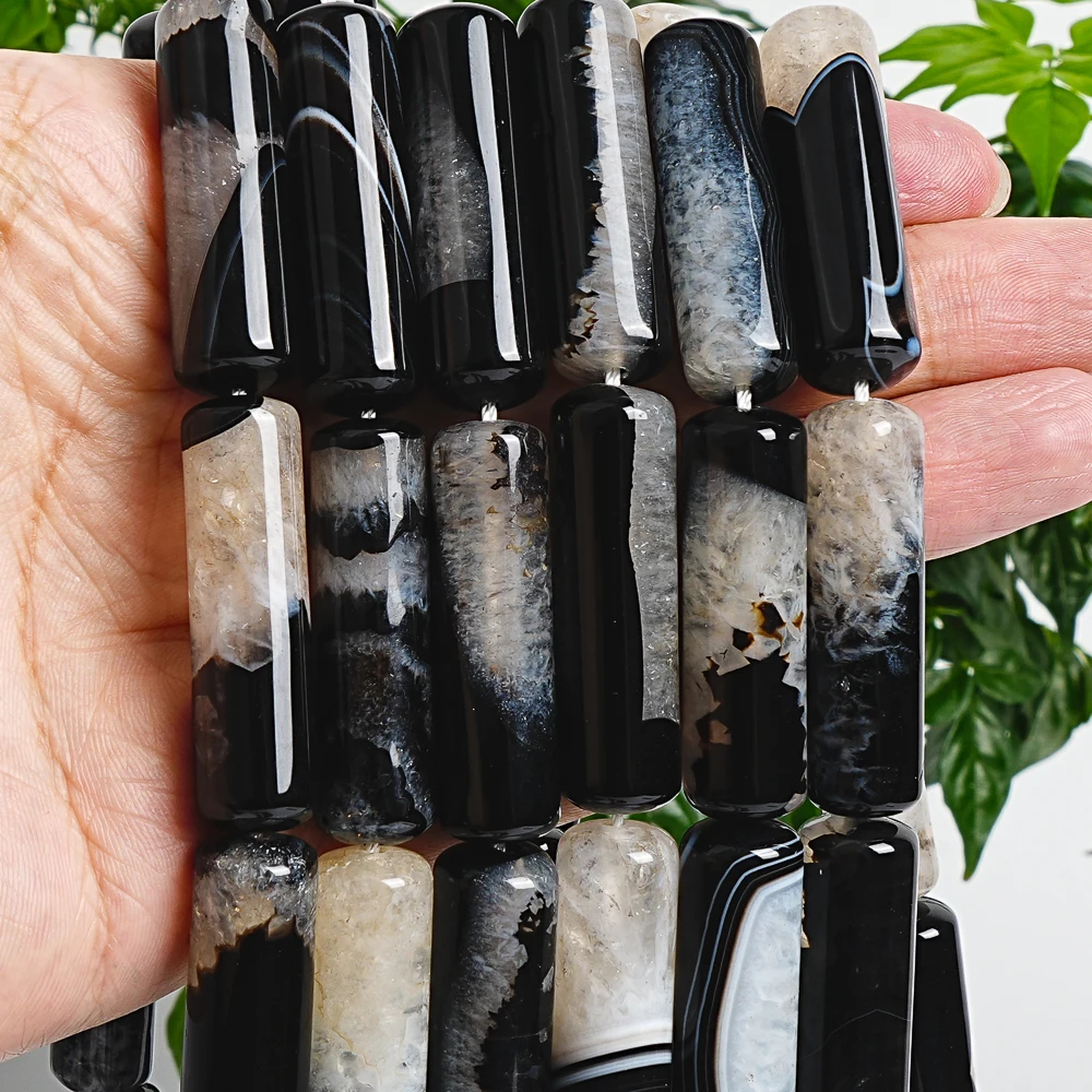 25x25x7mm Black White Cylinder Agate Loose Beads Natural Agate Stone for DIY Jewelry Making Crafting Bracelet Necklace Supplies
