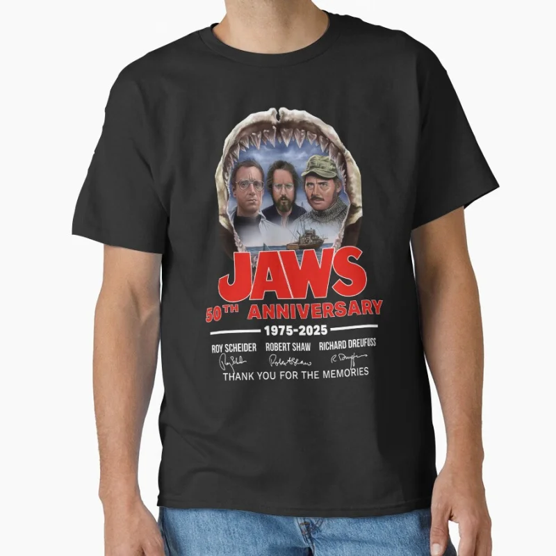 

50th Anniversary Jaws 1975 80s Horro movie Shark attack scary film gift T-shirt Large size Tops S-6XL Mens clothing
