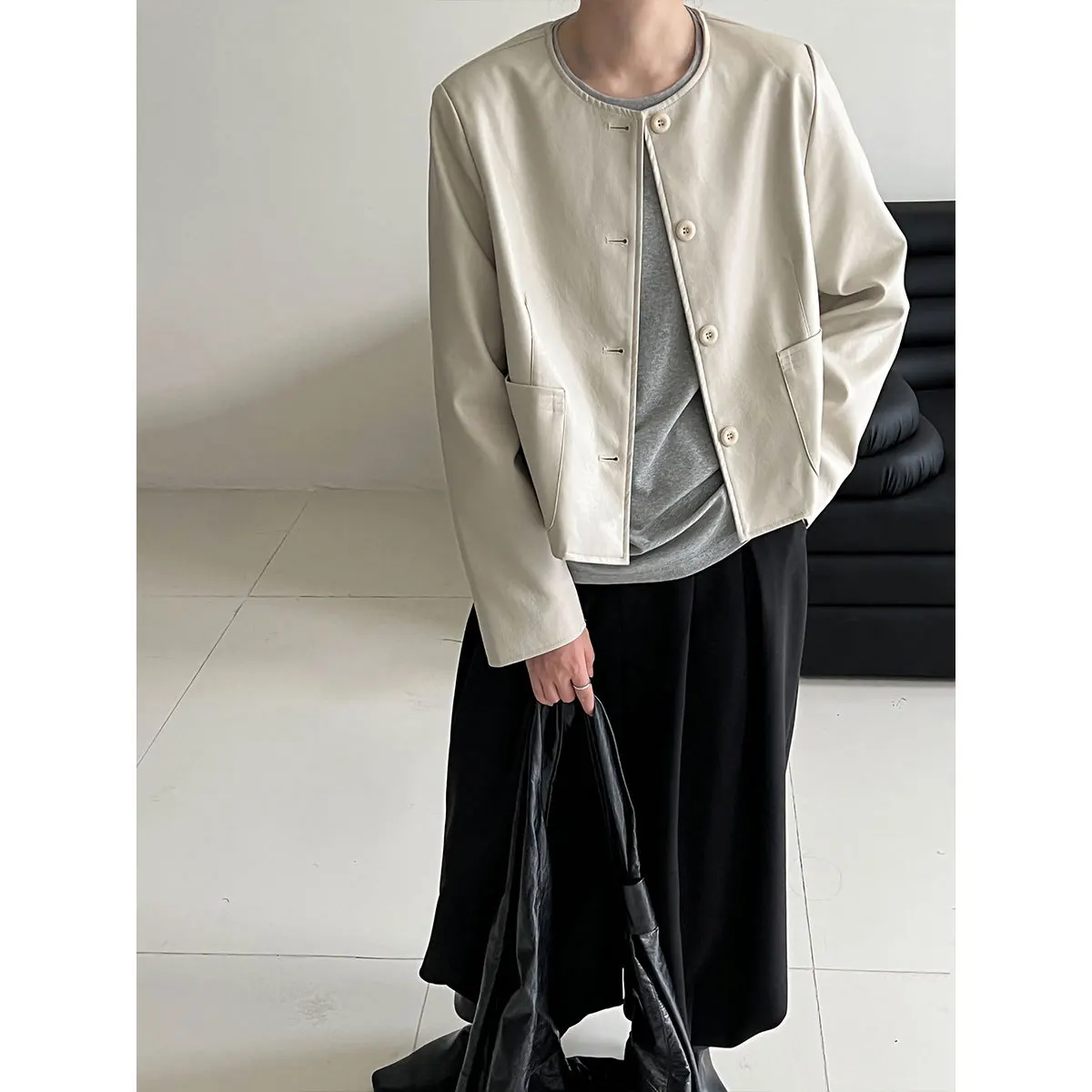 SuperAen O-Ausschnitt im koreanischen Stil, einreihige kurze Lederjacken für Damen, 2025, Herbst, neue High-Street-Fashion-Freizeitmäntel