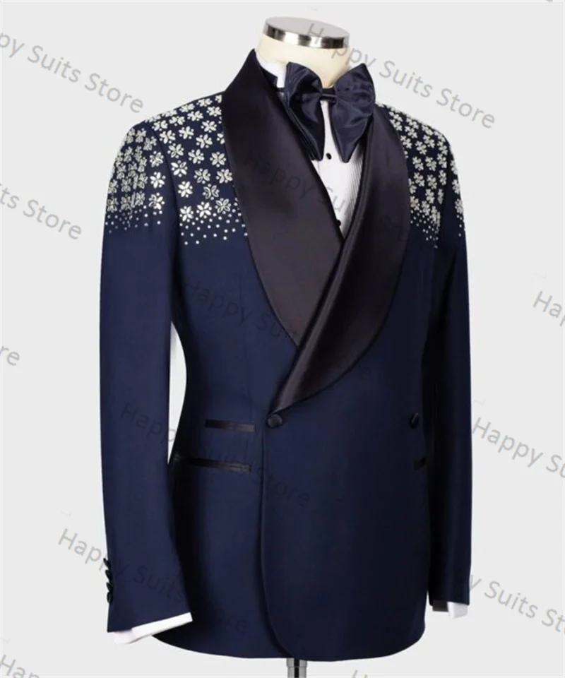 Cristais azul marinho conjunto de terno masculino 2 peças blazer do noivo + calça preta formal escritório masculino jaqueta algodão calças baile casamento smoking