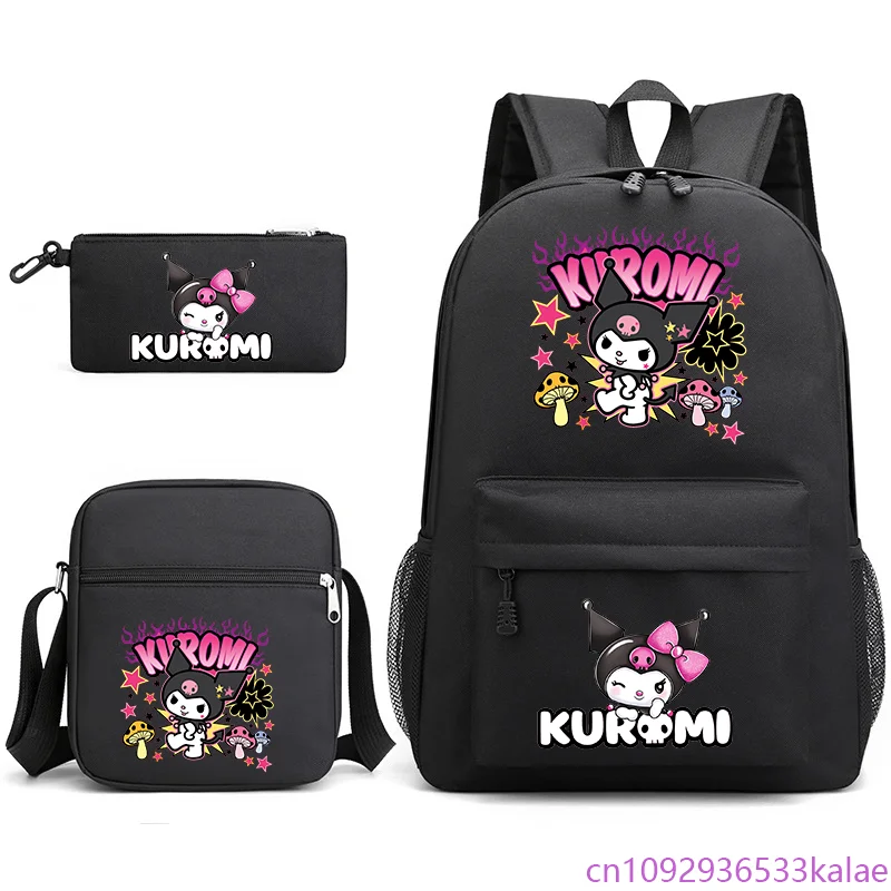 

New Cute Kuromi Pattern Harajuku Three Piece Backpack Teenage School Large Capacity Rucksack Shoulder Bag Pen Bag