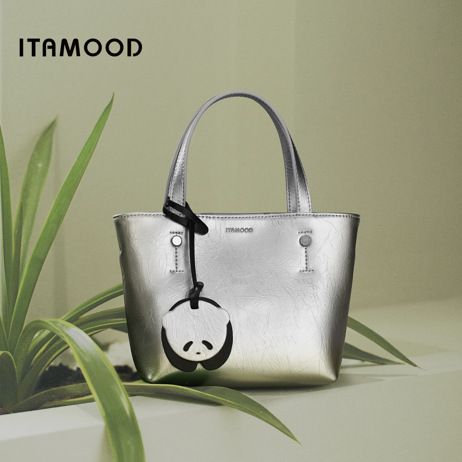 ITAMOOD Silver Mini Tote Bag Simple Design with Modern Fashion Handbag Adorable Panda Pendant Shoulder Bag