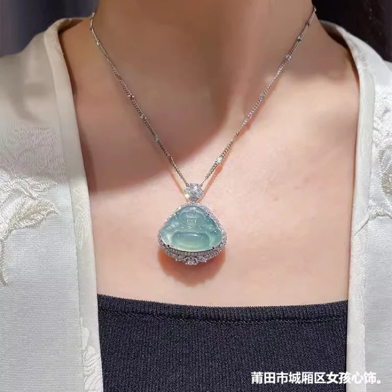 Natural Burma Jadeite Buddha Pendant Inlaid Girl's Ice-like Blue Water Feitsui Buddhle Sculpture Male New Style Accessor