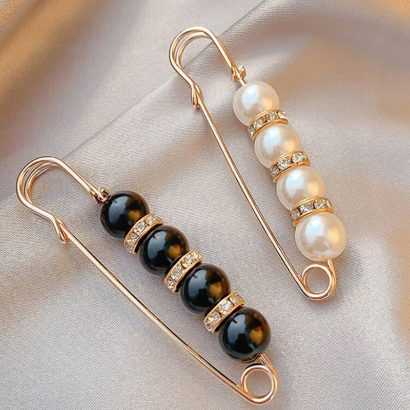 5.7CM White Black Pearl Septum Beads Clothing Brooches for Women Lapel Safety Sweater Coat Dress Pins Badge Buckle Accessories