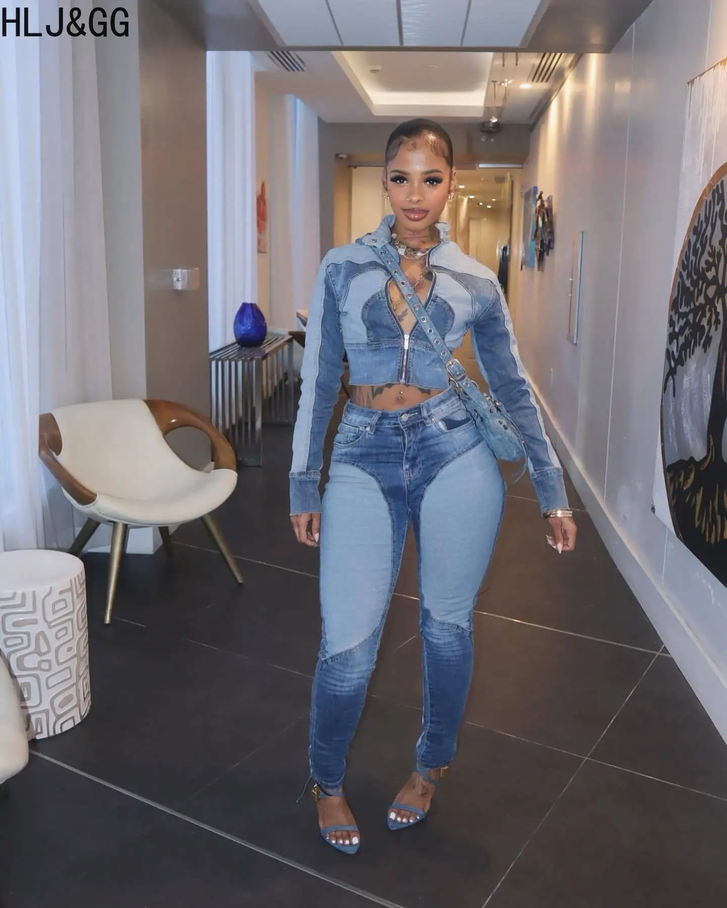 HLJ&GG женские эластичные лоскутные джинсовые комплекты из двух предметов, осенний топ на молнии с длинными рукавами и джинсы, Y2K, повседневные ковбойские костюмы из 2 предметов