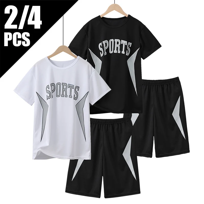 

2/4-pieces Youth Sports Quick Drying Set Summer Short sleeved Shorts Combination SPORT Letter Printed Big Boy Outdoor Running T