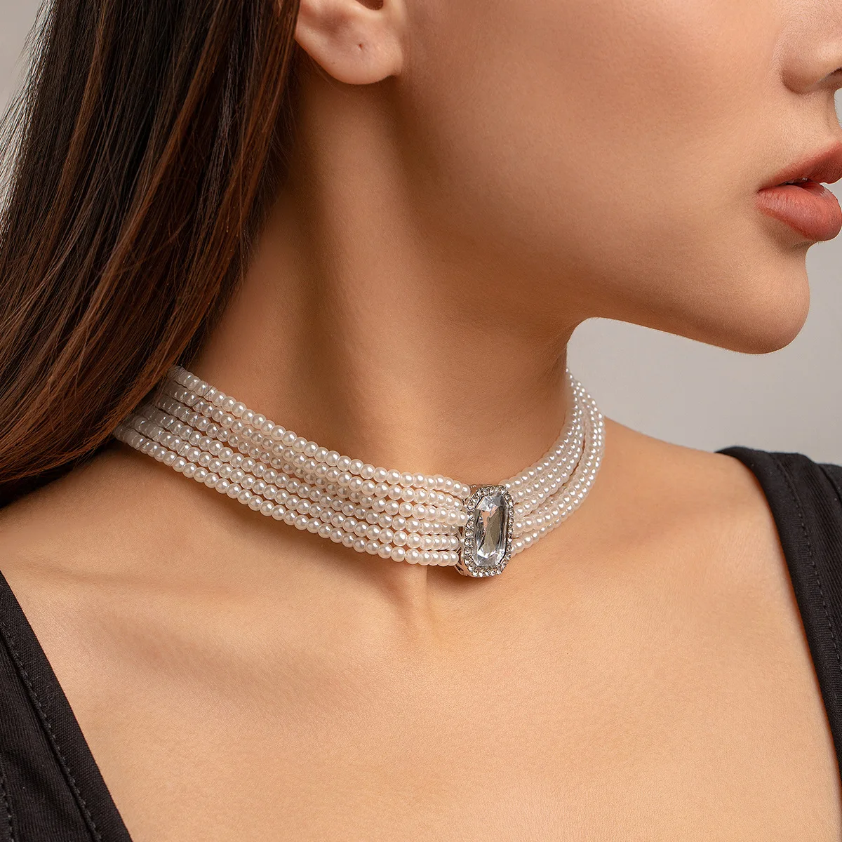 Layered Faux Pearl Choker Necklace with Square Gemstone Pendant Vintage French Elegant Party Jewelry for Women Silver Tone