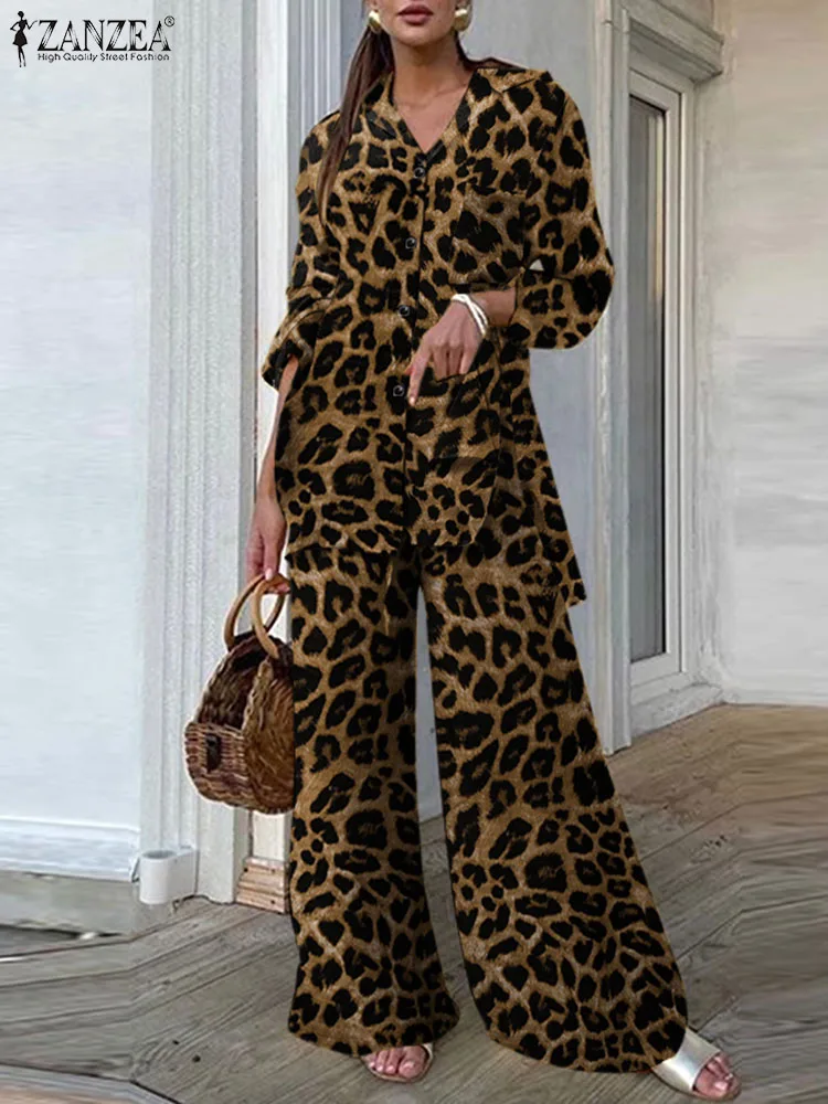 ZANZEA Vintage 2PCS Zestawy spodni 2024 Letnia moda damska Leopard Printed Casual Luźne topy i spodnie Zestawy spodni z szerokimi nogawkami
