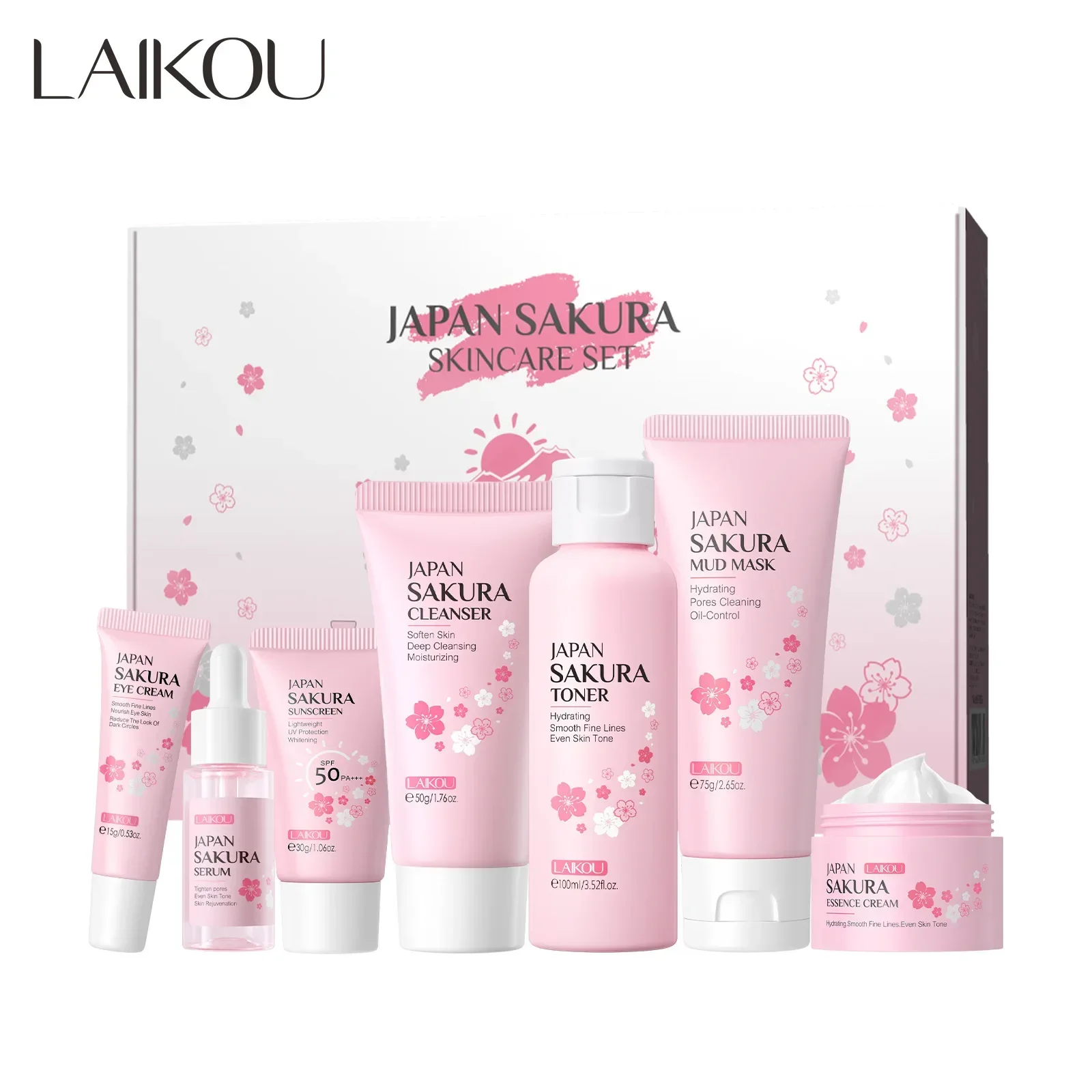 

7pcs LAIKOU Sakura Skin Care Sets Face Cream Serum Toner Facial Cleanser Sunscreen Eye Cream Face Skin Care Products