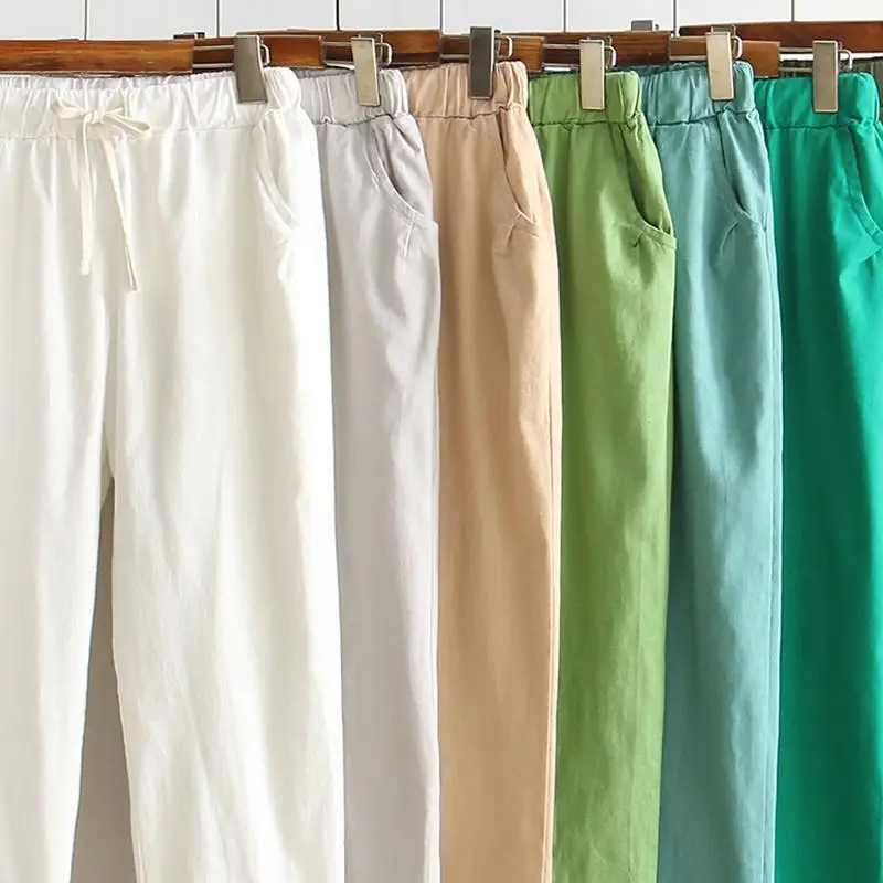 Spring Summer Loose Casual Cotton Linen Women's Pants Washed out Candy Colors Nine Points Harlan Pants Slim Fit Versatile