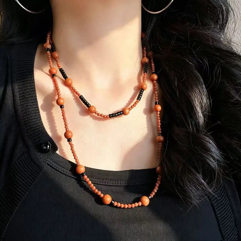 Van natural black agate sandalwood and gold sand stone multi-layer necklace sweater chain