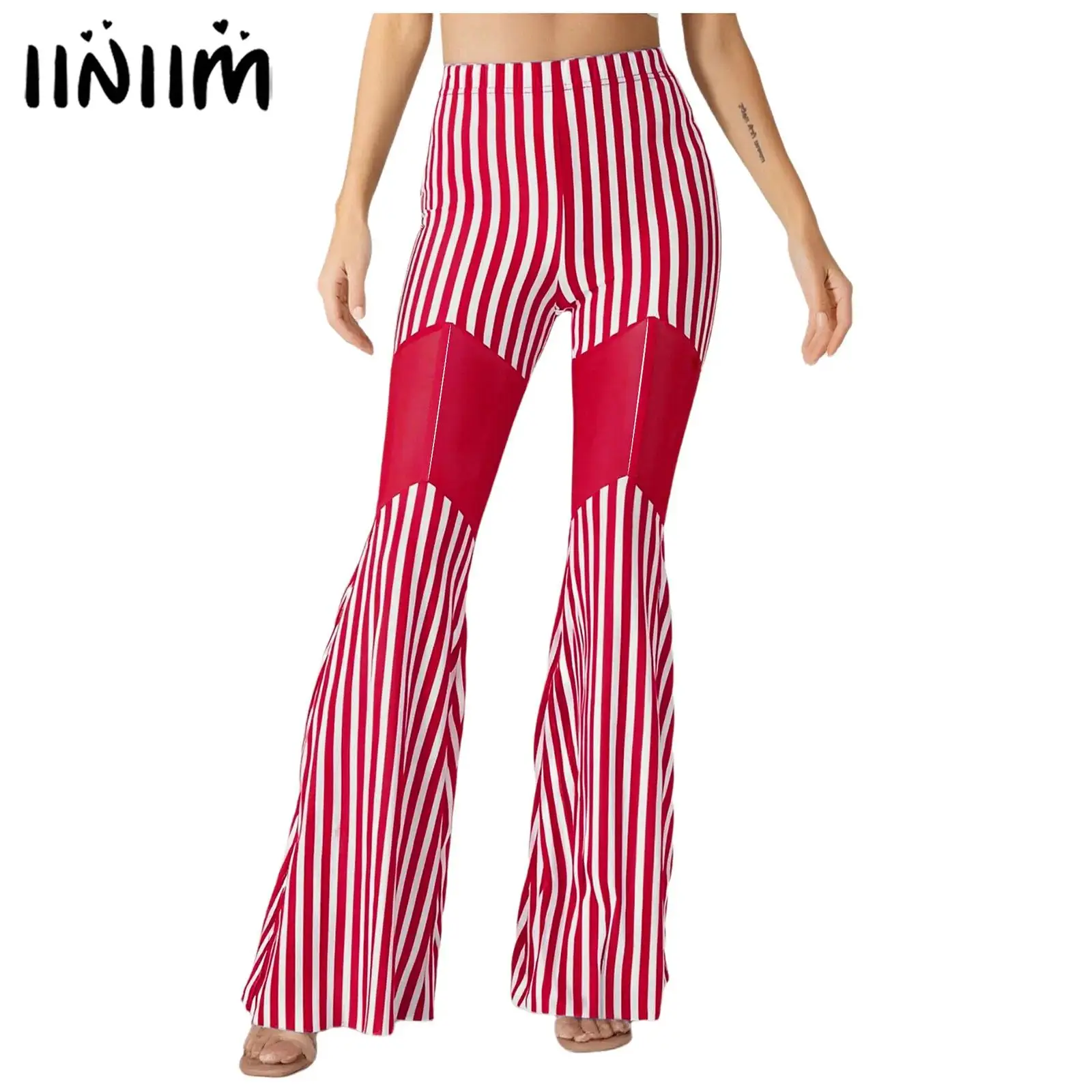 

Womens Belly Dance Striped Flared Pants Sheer Bell Bottom Long Pants Trouser India Dance Halloween Circus Clown Cosplay Costume