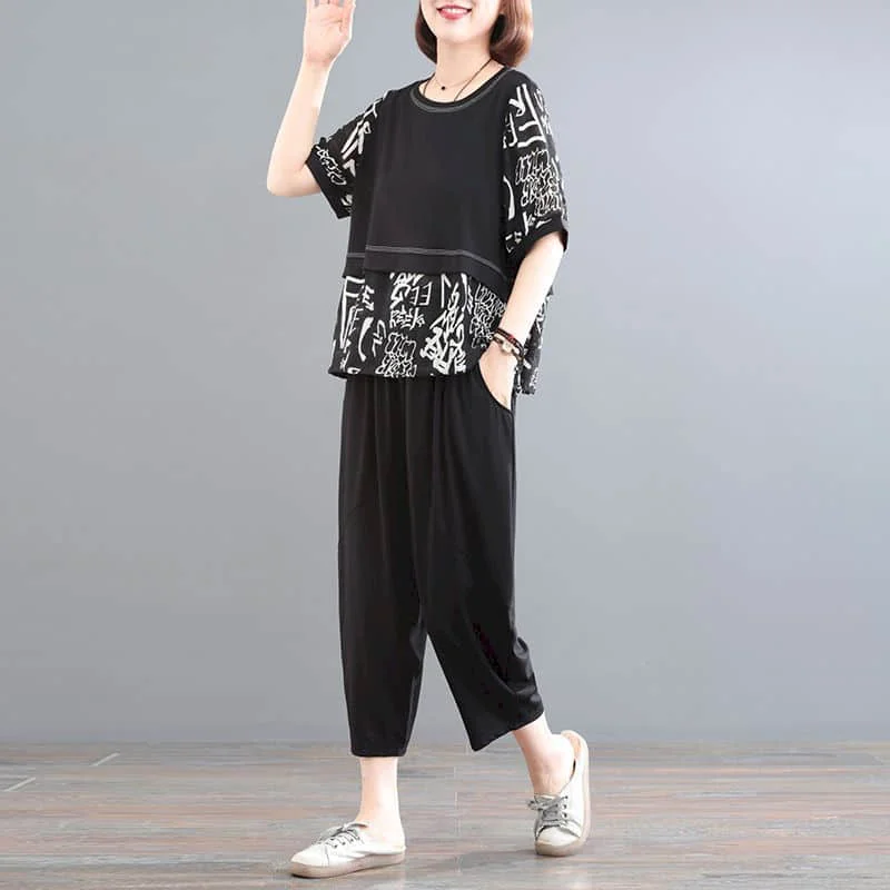 

Casual Pants Set Solid Patchwork Half Sleeve Tops and Elastic Waisted Harem Pants Korean Fashion Two Piece Sets Women Outfits