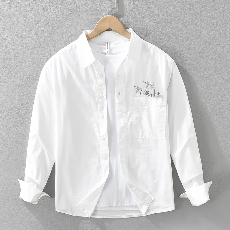 

Повседневная белая рубашка с длинным рукавом, мужские весенне-летние новые мужские рубашки, японская бамбуковая рубашка с вышивкой, удобный топ из чистого хлопка, повседневный