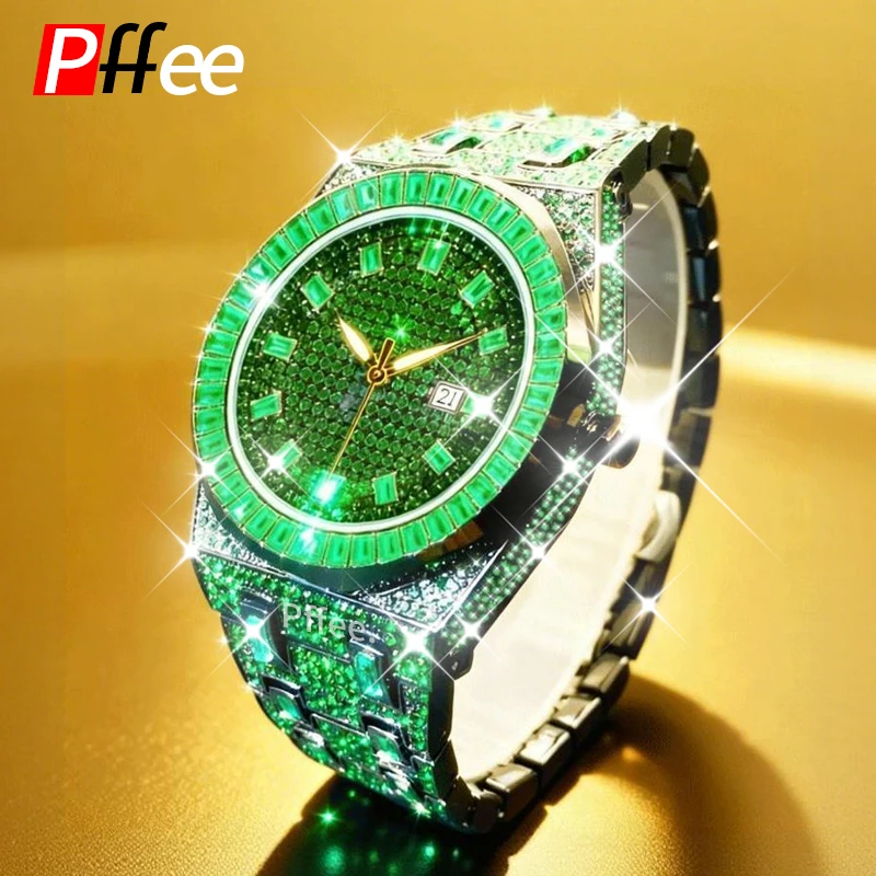 

Pffee Green Diamond Watch For Men Luxury Watches Quartz Fashion Clock Ice Out Hip Hop Jewelry Luminous Wristwatch Unique Gift