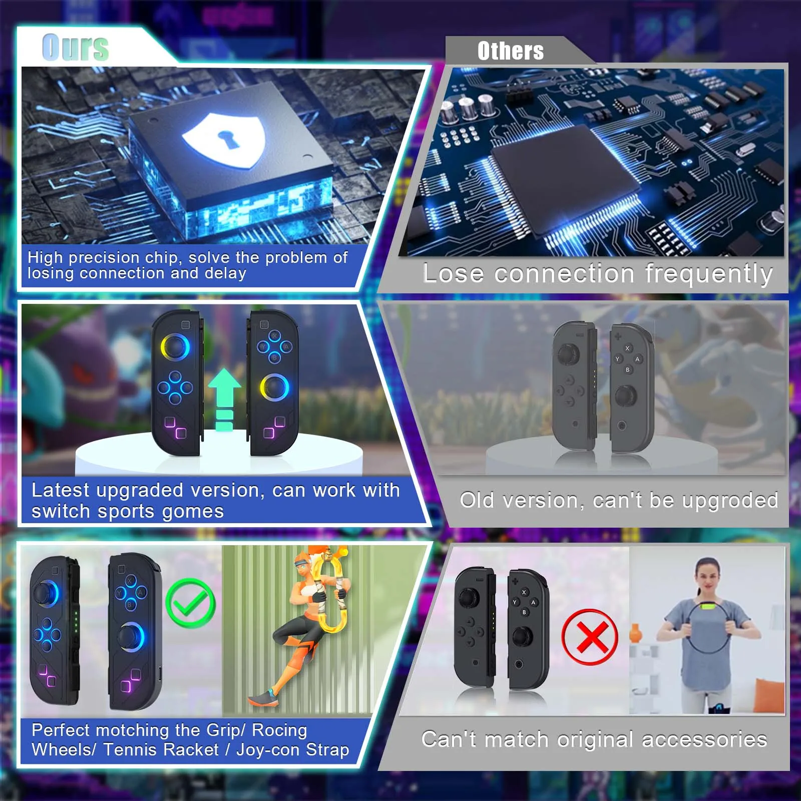 BT 5.2 Switch Joy Controller L/R RGB LED Joypad Gamepad For Nintend Switch/Oled/Lite Joystick with Dual Vibration 6-Axis Wake up