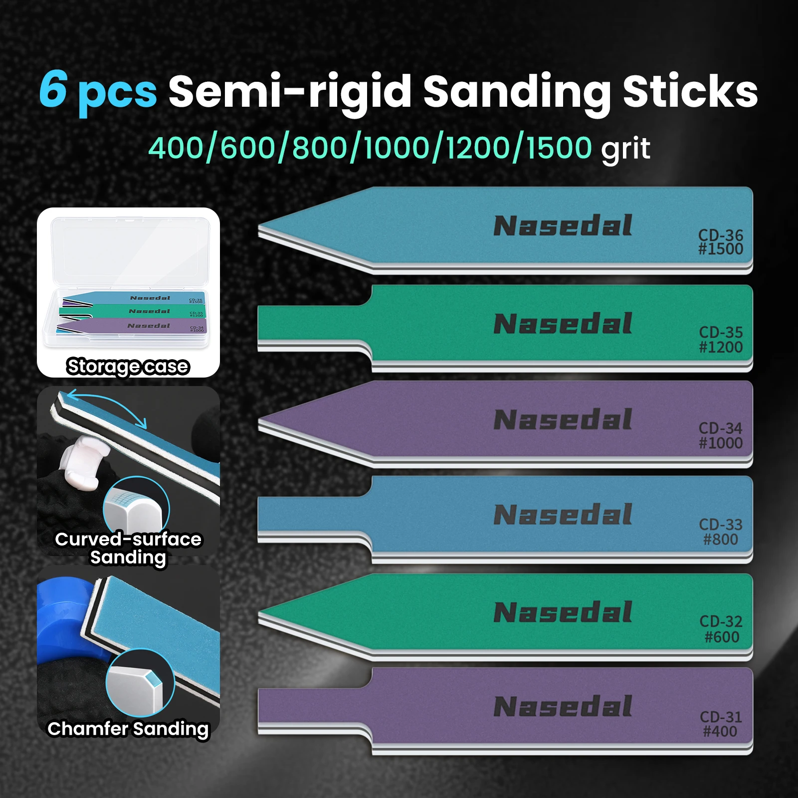 Nasedal 6pcs 400-1500 Grit Double Sided Semi Rigid Sanding Sticks for Gundam Curved Surface 3D Printed Washable with Storage Box