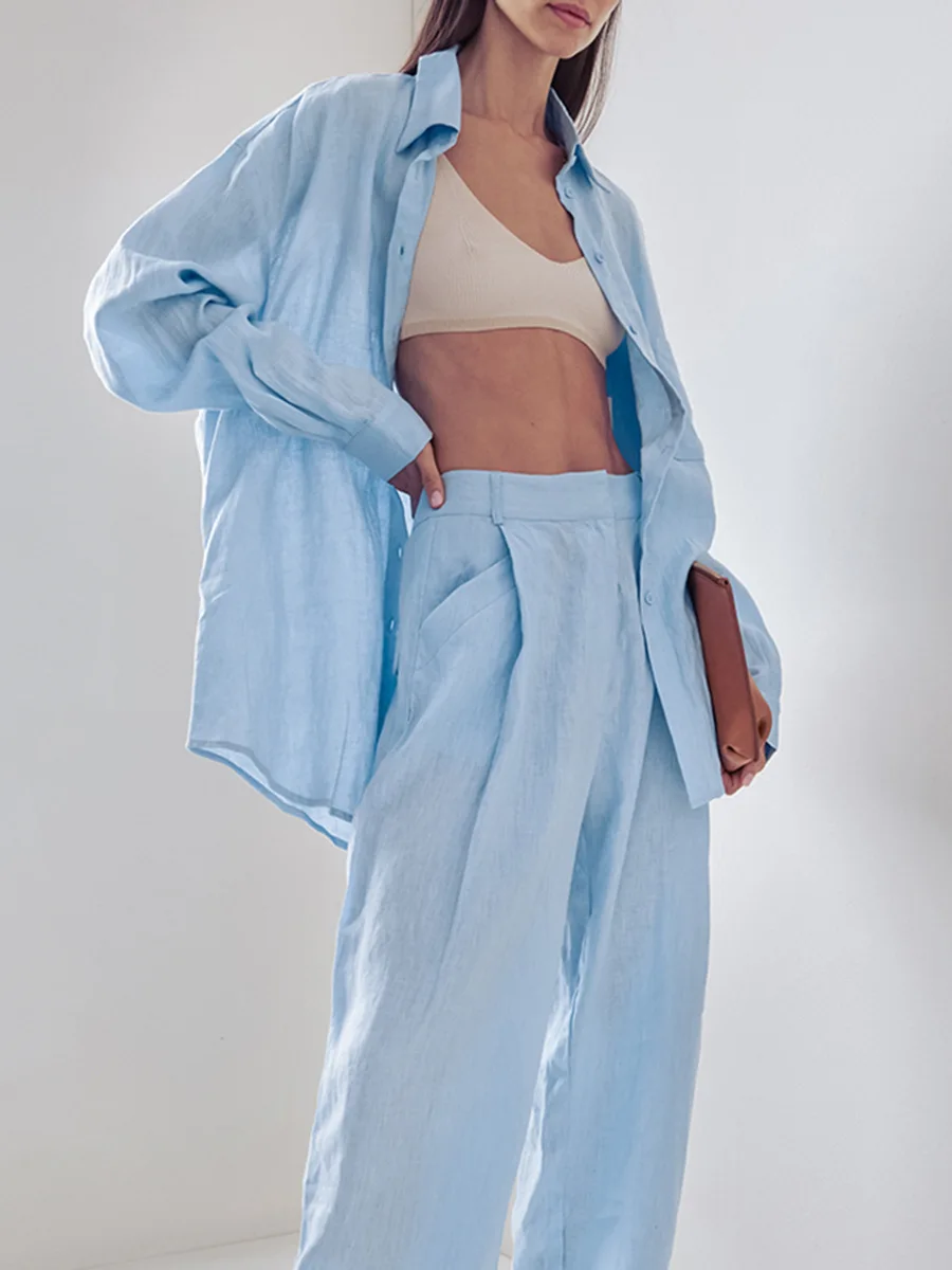 100% Katoen Linnen Vrouwen Casual Tweedelige Set 2025 Fashion High Street Lange Mouw Revers T-shirt Top Losse Zak broek Pak