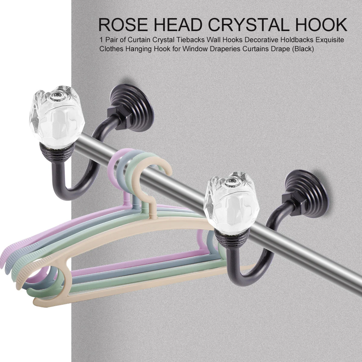 

1Pair Black Crystal Curtain Tiebacks Hooks Aluminum Alloy Curtain Hook Decorative Wall Hanging for Draperies Household U Hooks