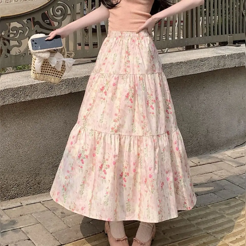 

Classic High Waist Floral Long Skirt Women Flower Patchwork High Waist Long Skirt Thin Ins Style A-line Tiered Skirt Party