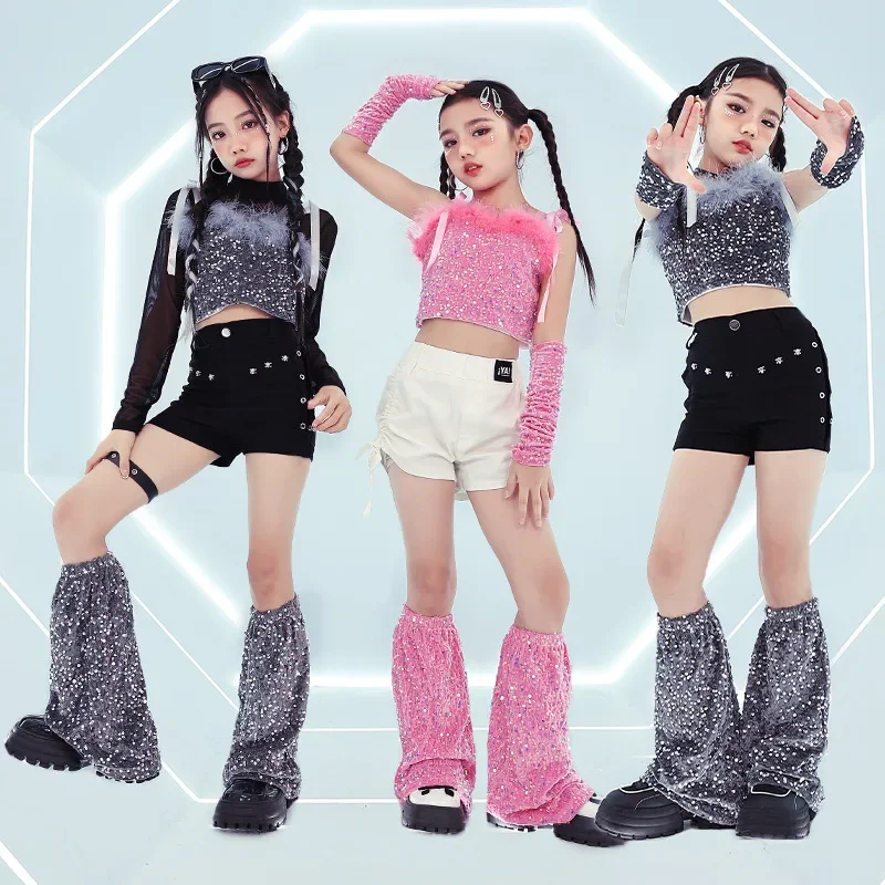 Jazz Dance Pailletten Haarige Leistung Kostüme Mädchen Kinder T-bühne Runway Fashion Hip-hop Street Dance Kleidung