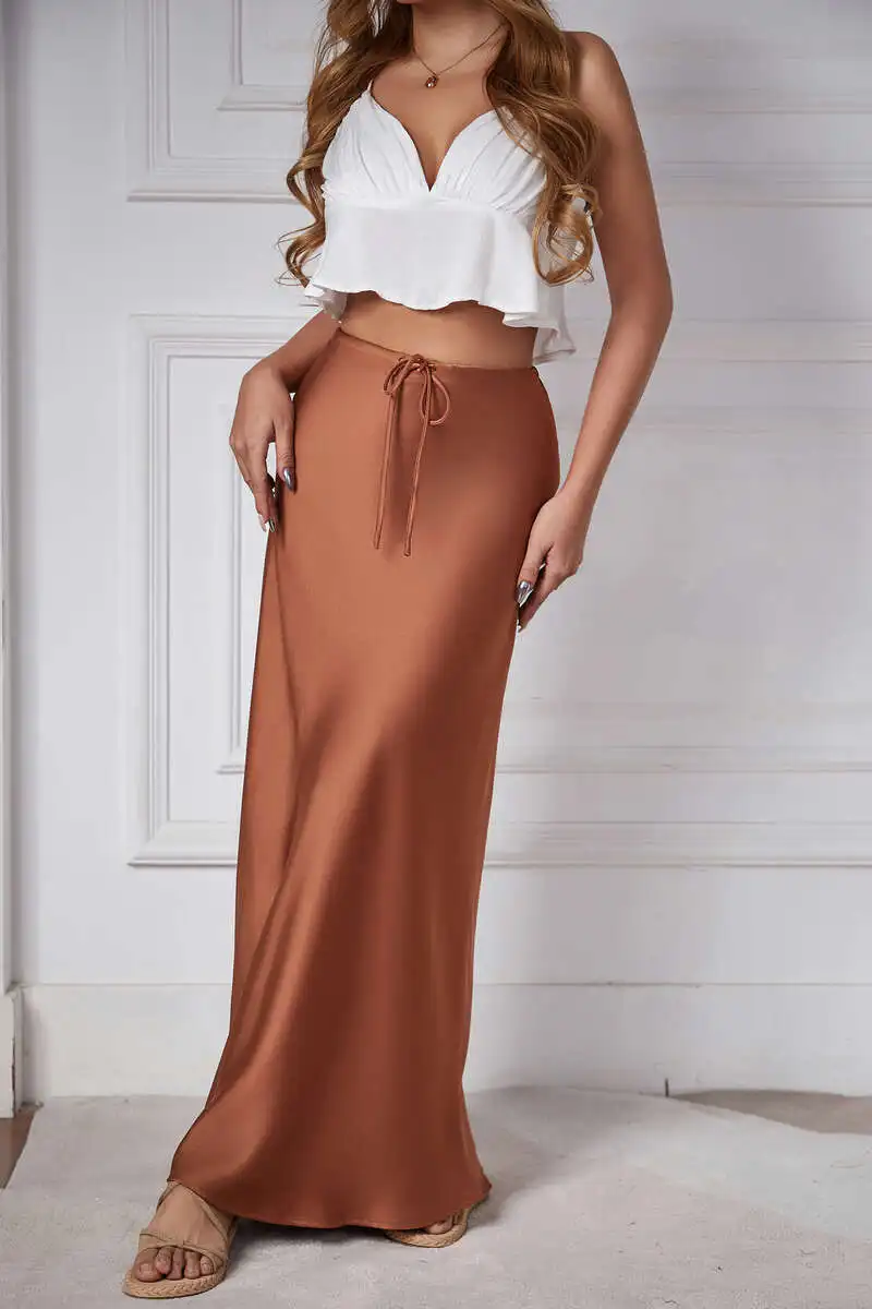 New In 2026 Spring Summer Solid Color Satin Long Skirt For Women High Waist Lace-Up Fashion Elegant Faldas