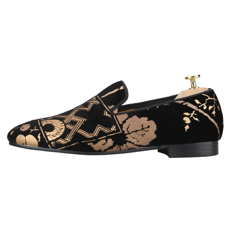 Piergitar Gold Totem Print on Black Velvet Handmade Men's Loafers High-End Customised Chinese Style Slip-On Smoking Slippers