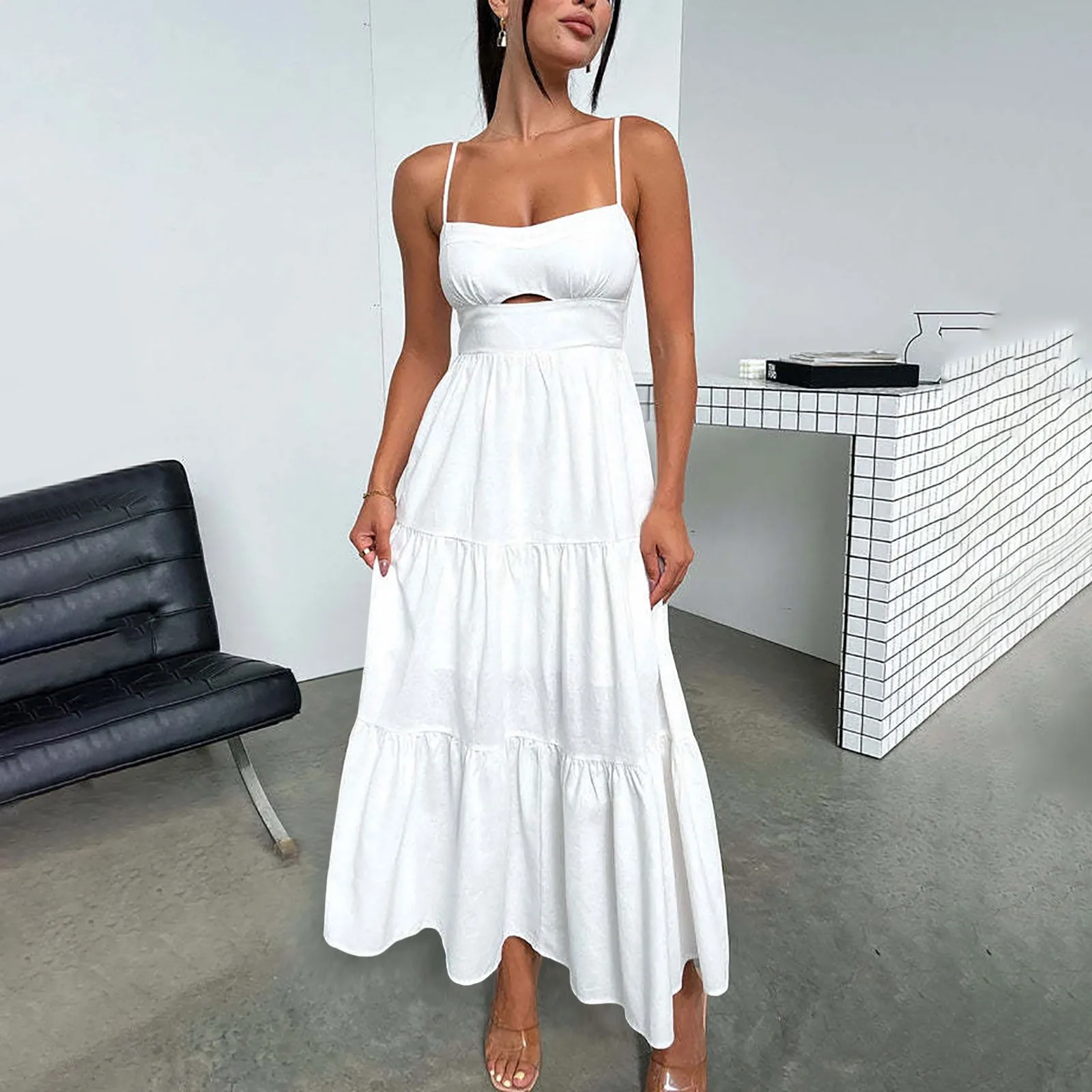 

Women Fashion Solid Sleeveless slip dress Cutout Backless Long Casual white Maxi Dress elegant spaghetti strap Womens Dresses