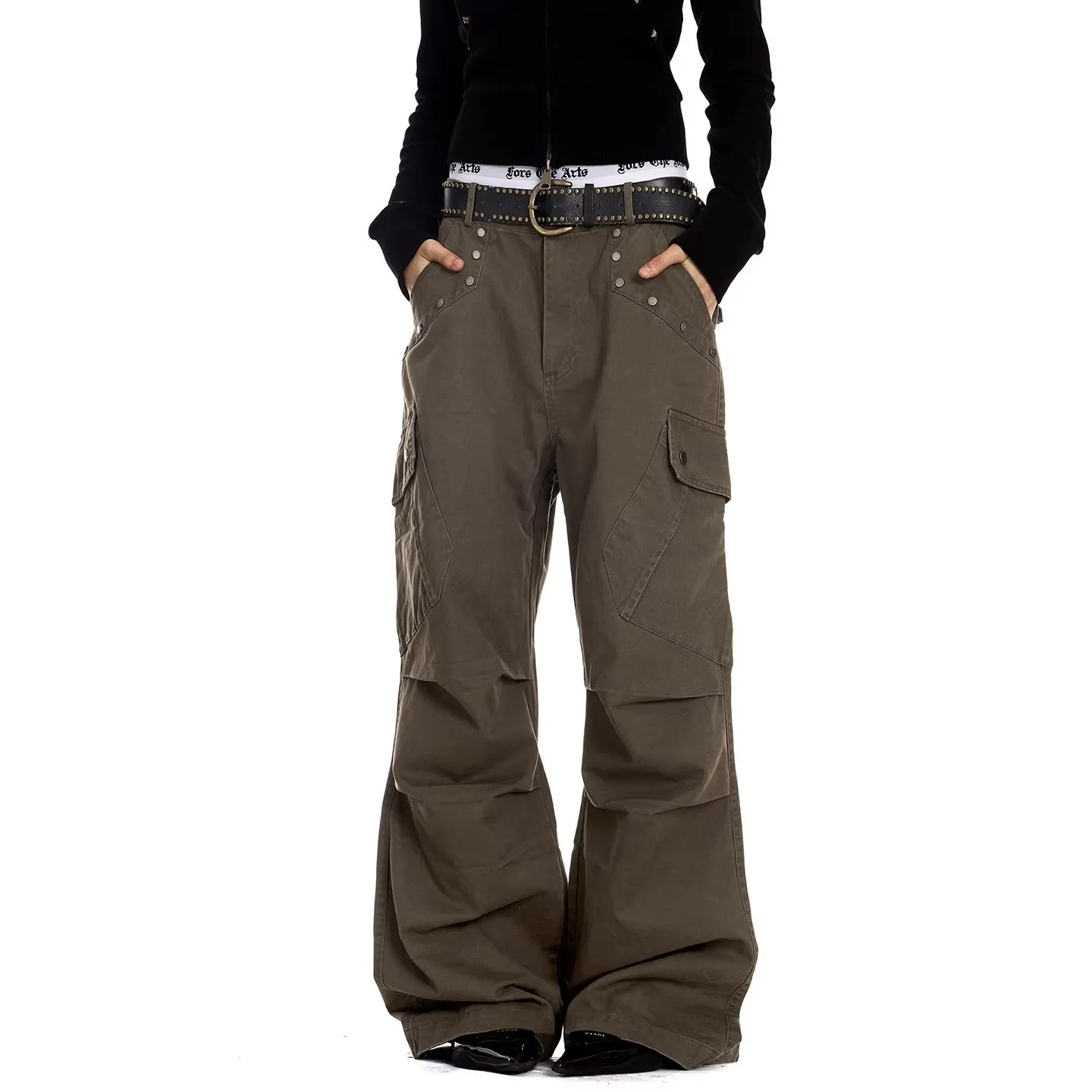 Retro Rivet Pleated Tooling Micro-pull Pants Autumn Multi-pocket Design Drape Casual Trousers