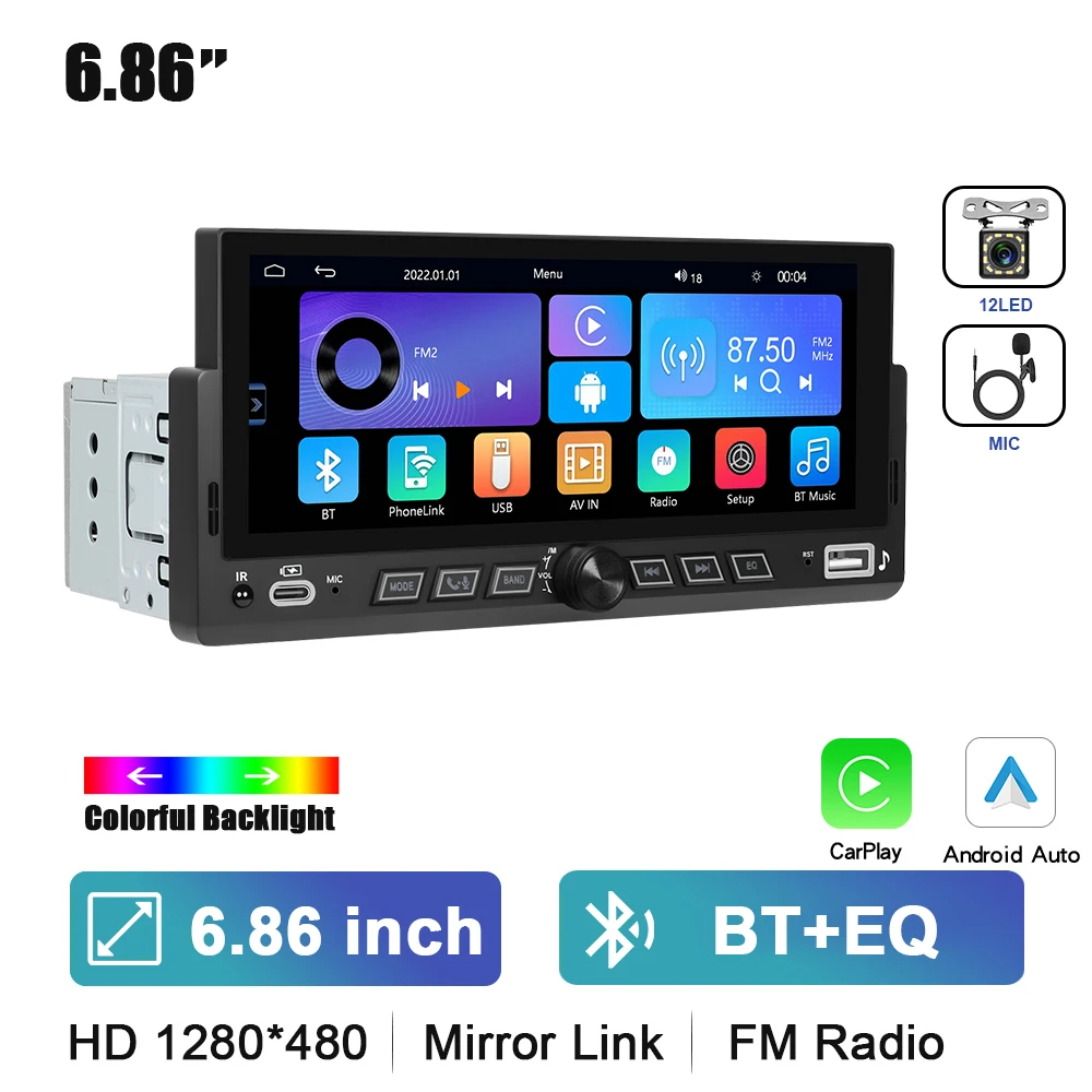 Podofo 1DIN 6.86 "HD Touchscreen Monitor Auto MP5 Speler Draadloze CarPlay Android Auto Multimedia Bluetooth FM Radio Ontvanger