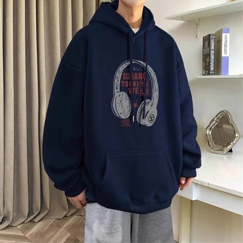 New Cartoon Headset Graphic Pullover Hoodies For Men Hip Hop Fashion Long Sleeve Sweatshirts Oversized Fleece Y2K Hoody Clothes