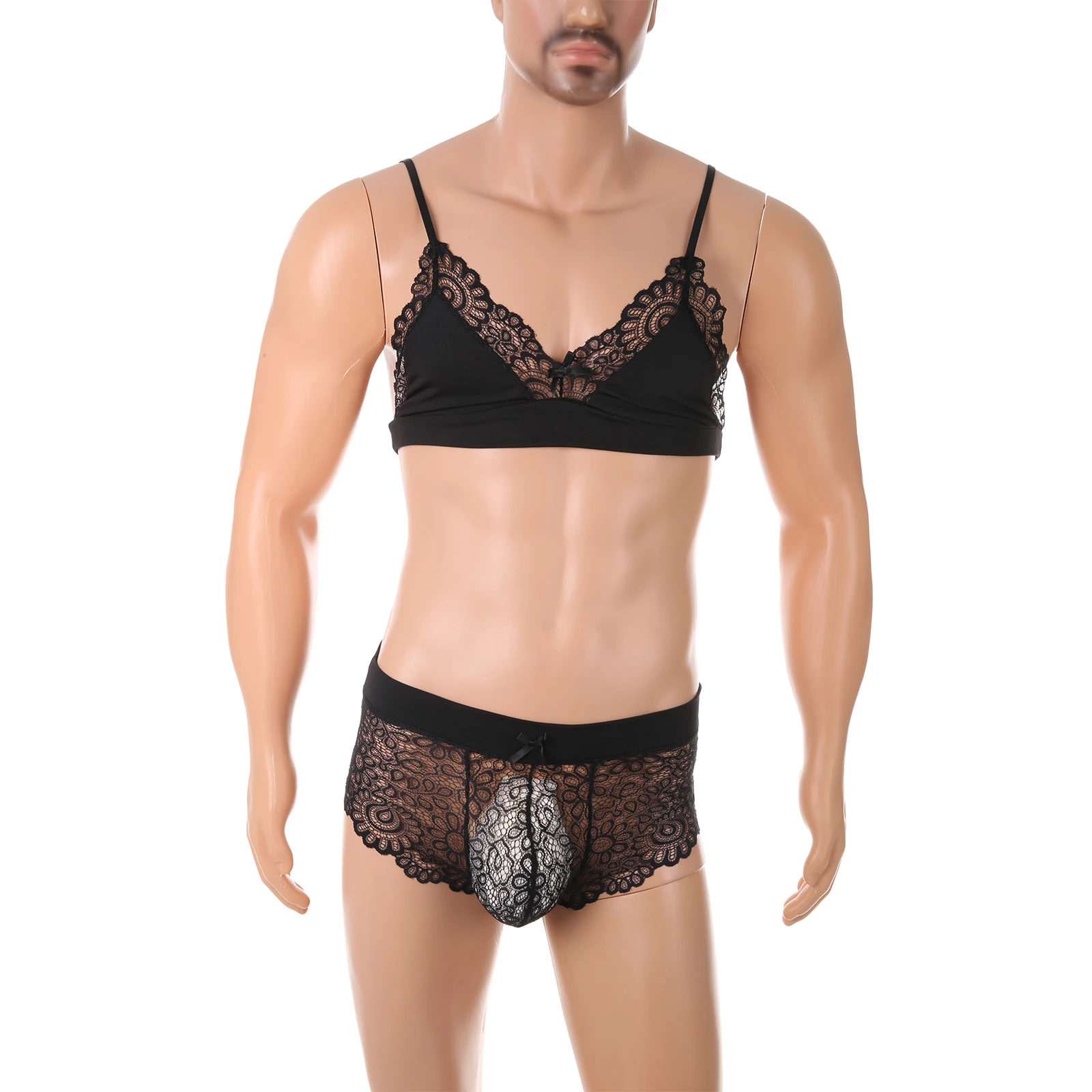 

Men Adjustable Bra Bow Lace Sleepwear Boxers Shorts Set Ultra-thin Sexy Lingerie Breathable Transparent Panties Male Underwear